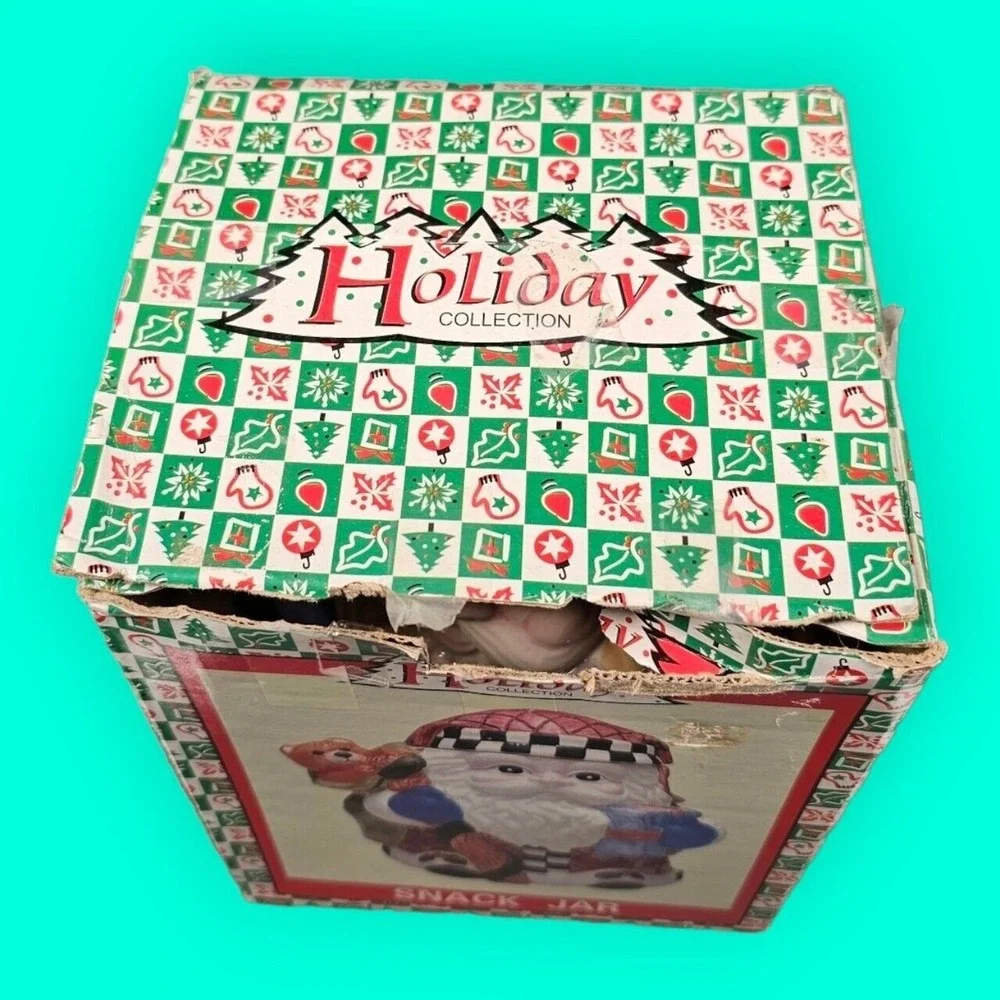 World Bazaars Holiday Collection Santa Claus Ceramic Snack Jar Pink Quilted Box
